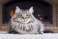 Fluffy Gray Cat Near The Fireplace Royalty Free Stock Photo