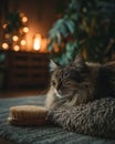Fluffy Gray Cat Relaxing on a Soft Rug at Night Royalty Free Stock Photo