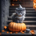a fluffy gray kitten in a pumpkin cap sits on the steps near an orange large pumpkin on Halloween
