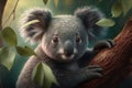 Fluffy gray koala bear with a sleepy expression dozing off on a eucalyptus tree branch in a lush Australian rainforest