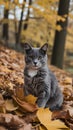 Fluffy Gray and White Cat Sitting Among Autumn Leaves in Forest Setting Soft Natural Light Royalty Free Stock Photo