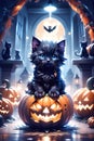 Fluffy Halloween Cute Kitten sitting on a pumpkin