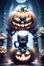 Fluffy Halloween Cute Kitten sitting on a pumpkin