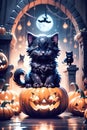 Fluffy Halloween Cute Kitten sitting on a pumpkin