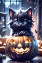 Fluffy Halloween Cute Kitten sitting on a pumpkin