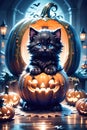 Fluffy Halloween Cute Kitten sitting on a pumpkin