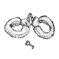 Fluffy handcuffs and key,  gravure style ink drawing illustration isolated Royalty Free Stock Photo