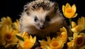 Fluffy hedgehog, cute and small, looking at yellow flower generated by AI