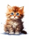 A fluffy kitten with blue eyes is sitting on a white surface. Th