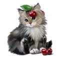 Fluffy kitten and cherry berries