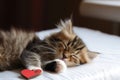 fluffy kitten with heartshaped nametag napping