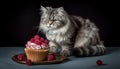 Fluffy kitten indulges in gourmet raspberry dessert on yellow table generated by AI