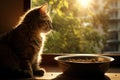 fluffy kitten perches on the windowsill, basking in the rays of the setting sun. In front of it, there\'s a bowl of food