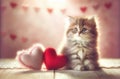 Fluffy kitten with pink and red hearts. AI Generated Royalty Free Stock Photo