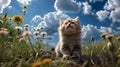 A fluffy kitten sits on a rock in a field of flowers, looking up. Generative AI Royalty Free Stock Photo