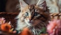 Fluffy kitten sitting in basket, curious eyes focused on flower generative AI