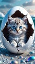 A cute fluffy blue-eyed kitten with blue eyes is sitting in an egg Royalty Free Stock Photo