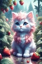 A fluffy kitty with strawberry garden, cute, adorable, animal, digital painting, vector art, fantasy, realiatic, 8k, printable