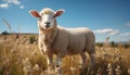 Fluffy lamb grazes in green meadow under the spring sun generated by AI