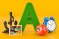 Fluffy letter A with apple, alarm clock, abacus, accordion, anchor. Kids ABC, 3D rendering