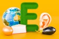 Fluffy letter E with egg, Earth Globe, envelope, eggplant, ear. Kids ABC, 3D rendering