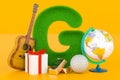 Fluffy letter G with guitar, geographical globe, gift box, gold bar, golf ball. Kids ABC, 3D rendering