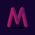 Fluffy letter M fur texture. Pink glow 3D effect lettering vector illustration