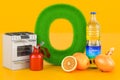 Fluffy letter O with oven, oil can, orange, onion, sunflower oil bottle. Kids ABC, 3D rendering