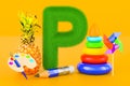 Fluffy letter P with pencil, pinwheel, pyramid toy, paintbrush, pineapple, 3D rendering