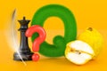 Fluffy letter Q with quill, question mark, queen chess, quince. Kids ABC, 3D rendering Royalty Free Stock Photo