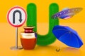 Fluffy letter U with umbrella, UFO, U turn sign, urn. Kids ABC, 3D rendering