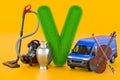 Fluffy letter V with vacuum cleaner, vase, van, violin. Kids ABC, 3D rendering