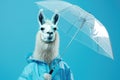 Fluffy llama with clear umbrella in light blue raincoat - rain weather preparedness