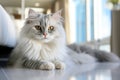 Fluffy long-haired cat\'s portrait in a cozy room