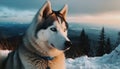 A fluffy Malamute puppy sits in the snow, looking cute generated by AI