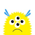 Fluffy monster yellow head face silhouette. Happy Halloween. Cute Funny Kawaii cartoon baby character. Eyes, horn ears. Sad face.