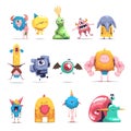 Fluffy monsters. Funny trendy monster creatures mascot, cartoon little furry beast with teeth and wings alien silly ugly Royalty Free Stock Photo