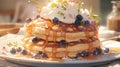 fluffy and mouthwatering blueberry pancakes, captured in a delightful close-up shot manga cartoon style by AI generated