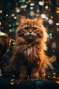 a fluffy orange cat sitting next to a golden trophy