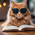 A fluffy orange cat wearing glasses and reading a tiny book3