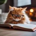 A fluffy orange cat wearing glasses and reading a tiny book1 Royalty Free Stock Photo