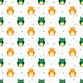 Fluffy orange and green owls with dotted background