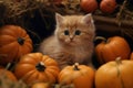 A fluffy orange kitten sitting with pumpkins in farm, cute ginger cat in autumn season and harvest festival halloween and Royalty Free Stock Photo