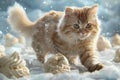 Fluffy Orange Tabby Cat Enjoying a Snowy Day, Playful Kitten Amongst Snowflakes and Icicles