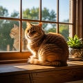 A fluffy orange tabby cat sits on a wooden windowsill, basking in sunlight. The cat\'s Royalty Free Stock Photo