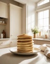 Fluffy Pancake Stack on White Plate in Sunlit Kitchen Royalty Free Stock Photo