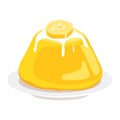 Fluffy pancake topped with honey and a slice of lemon. Sweet breakfast food with syrup and citrus vector illustration