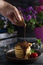 Fluffy Pancakes with chocolate & strawberries & strawberries Royalty Free Stock Photo