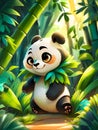 A fluffy panda with cute pose, in a breathtaking bamboo forest, sprimg season, sunrise, glowing, aerosol painting, cartoon style