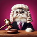 fluffy Persian cat in a judge& x27;s robe and a classic white wig, holding a tiny gavel.